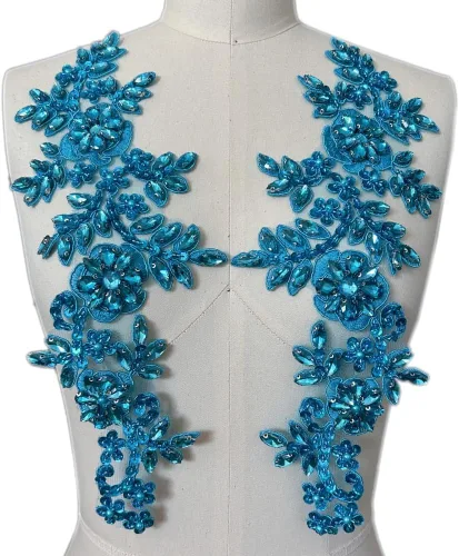 Miniatura 7 de 1 par de parches de encaje con cristales brillantes, cuentas de vidrio y piedras, para coser a mano, accesorios para decoración de vestidos de novia