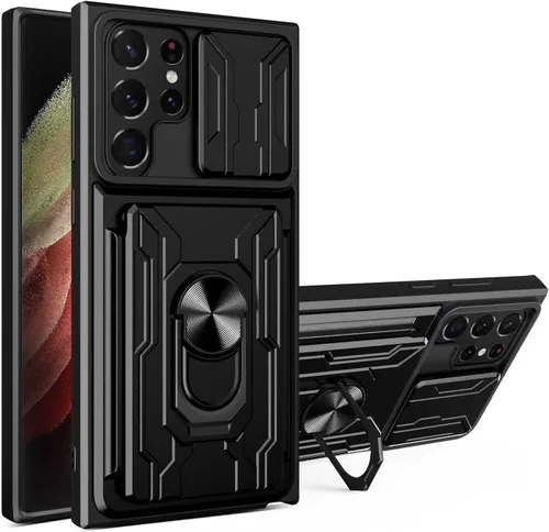 CCSmall Funda para Samsung Galaxy S22 Ultra (no S22) con soporte para tarjetas, funda de protección resistente con anillo magnético, función atril y