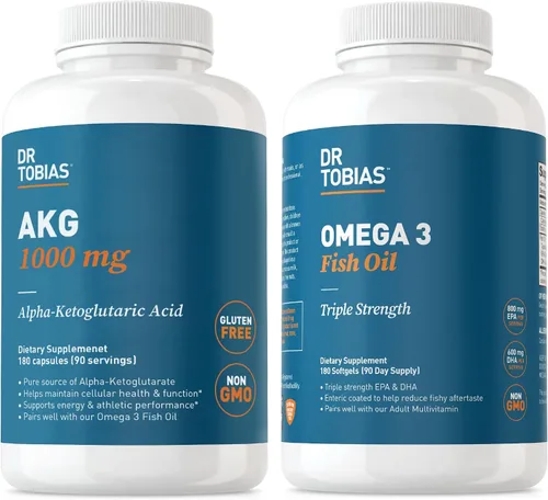 Dr. Tobias Suplemento AKG y aceite de pescado Omega 3, apoya la energía celular y la salud general con AKG y Omega 3 de triple fuerza EPA y DHA, sin