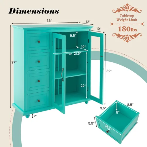 Miniatura 3 de COSTWAY Aparador de buffet, armario de almacenamiento de cocina con 4 cajones, 2 puertas de vidrio templado, mesa de buffet, armario decorativo