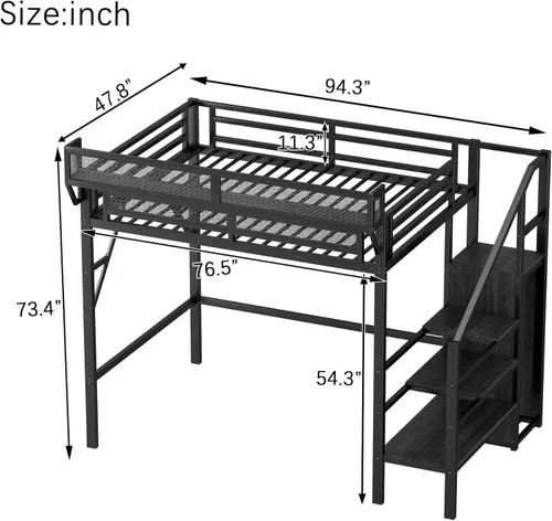 Miniatura 2 de KEIKI Base de cama de metal tamaño individual con escalera convertible, estantes de almacenamiento integrados y armario, cama alta con listones