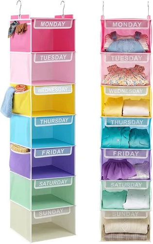 Miniatura 12 de Amylove Organizador semanal de ropa para niños, 2 piezas, con 7 estantes, organizador colgante de armario de 11.8 x 11.8 x 50 pulgadas, actividades