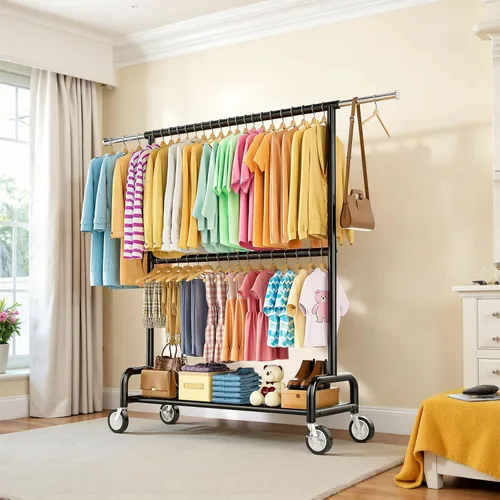 Miniatura 9 de Perchero de ropa resistente con carga de 860 libras, estantes de ropa rodantes de doble barra para colgar ropa, estante de ropa rodante con estantes