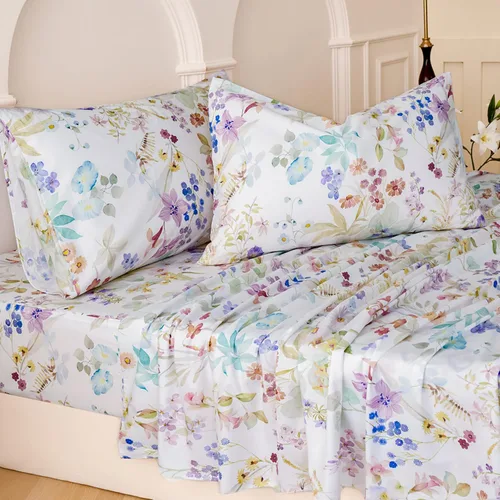 Miniatura 19 de Juego de sábanas de cama floral azul 100% algodón percal tamaño King, diseño vintage chic shabby, con patrón de peonía, ropa de cama suave y Monet