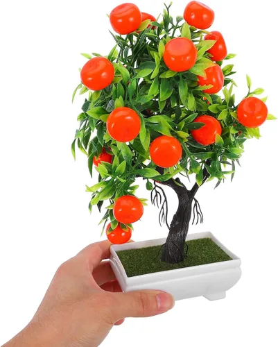 Miniatura 5 de HOMSFOU Árbol de kumquat simulado de imitación naranja bonsái con base de madera, pequeña planta de fruta artificial en maceta para el hogar