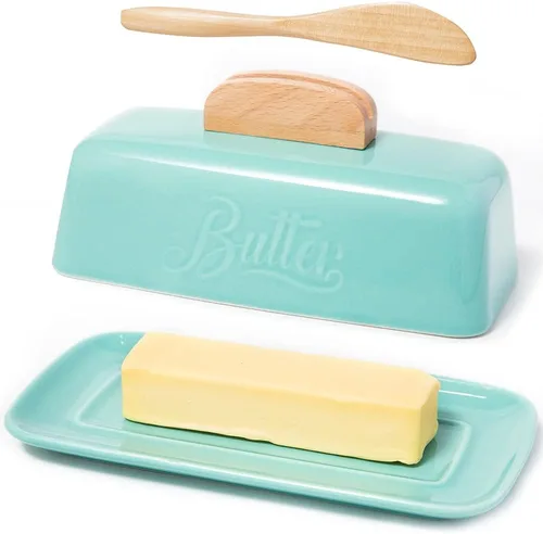 Miniatura 10 de Mantequillera negra con tapa y cuchillo, bandeja de mantequilla negra, soporte de mantequilla de cerámica para mostrador humanizado con mango de Rojo