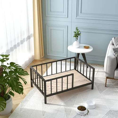 Miniatura 6 de OSCHF Cama para perros con rieles, marco de cama elevado de metal para mascotas con tablero de madera maciza y tapete suave lavable para perros Negro