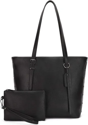 Miniatura 8 de KL928 Bolso de mano para mujer, bolso de mano de piel sintética, bolso de hombro grande, asa superior, monederos, juego de 2 piezas