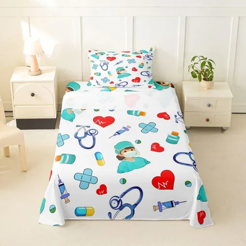 Miniatura 68 de Erosebridal Nurse Sheet Set Stethoscope Twin Sheets Set for Teen Boys,Colorful Medical Healthcare Heartbeat Syringe Fitted Sheet