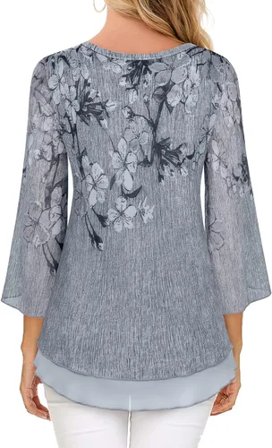 Miniatura 4 de Timeson Blusas florales de manga 34 para mujer, camisas de doble capa con cuello en V, túnica elegante