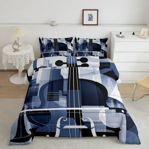Miniatura 16 de Juego de ropa de cama con música de piano, tamaño matrimonial, juego de edredón de notas musicales en blanco y negro, 3 piezas, silueta de Multi 10