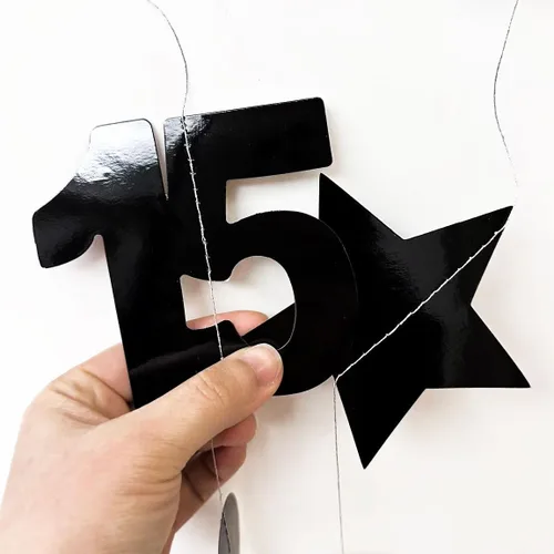 Miniatura 5 de Decoraciones negras de cumpleaños número 15, guirnalda de estrellas centelleantes con el número 15, pancarta metálica para niñas y niños, vítores a