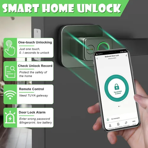 Miniatura 4 de FITNATE Cerradura de puerta de huellas dactilares con control de aplicación, cerradura de puerta de entrada sin llave con asa, perilla de puerta
