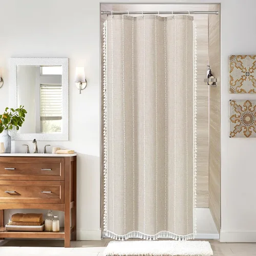 Miniatura 17 de MitoVilla - Juego de cortina de ducha de tela de granja gris, cortinas de ducha de poliéster y lino modernas estilo bohemio para decoración de baño