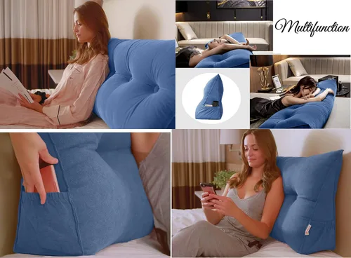 Miniatura 3 de Peachwell Almohada triangular de lectura para reposo en cama, cojín grande para cabecero, respaldo, almohada de cuña con funda extraíble y dos Azul