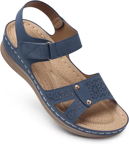 Miniatura 11 de Sandalias planas de SHIBEVER para mujer elegantes: Sandalias planas cómodas para mujer con punta abierta, correa al tobillo, zapatos de caminar