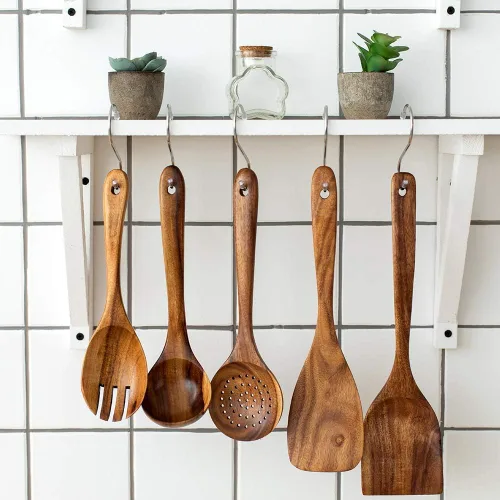 Miniatura 5 de Juego de utensilios de cocina de madera, 5 cucharas de madera de acacia natural para cocinar para sartén antiadherente, juego de utensilios