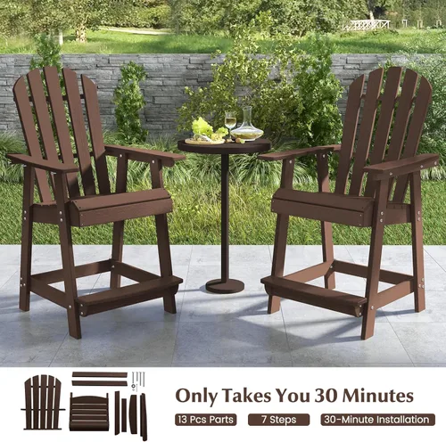 Miniatura 9 de Tangkula Taburete de bar para exteriores, silla Adirondack alta de polietileno de alta densidad con reposabrazos y reposapiés, resistente a la Marrón