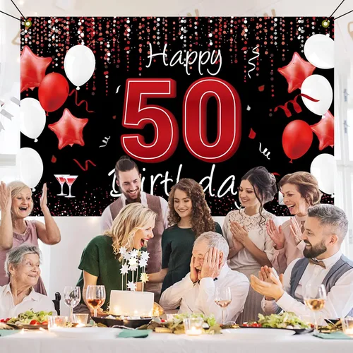 Miniatura 6 de Cartel de feliz cumpleaños 50 para patio, pancarta de cumpleaños número 50 en negro y rojo, decoración para mujeres y hombres, fondo grande de 50