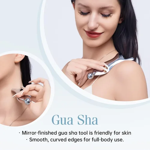 Miniatura 4 de Herramientas faciales Gua Sha 4 en 1, rodillo facial de metal para masaje de drenaje linfático para arrugas y levantamiento, herramienta Gua Sha