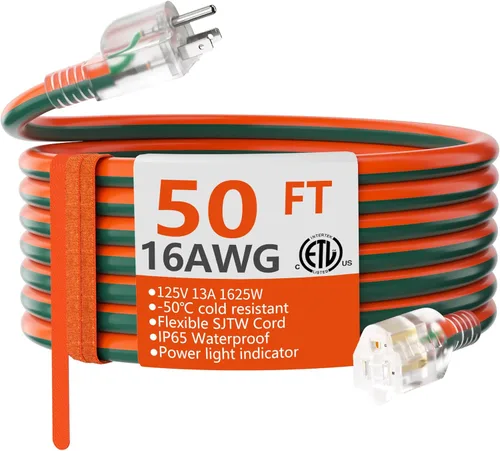 Miniatura 12 de HUANCHAIN Cable de extensión para interiores y exteriores, 50 pies, impermeable, calibre 16/3, flexible, resistente, cable de extensión para Amarillo