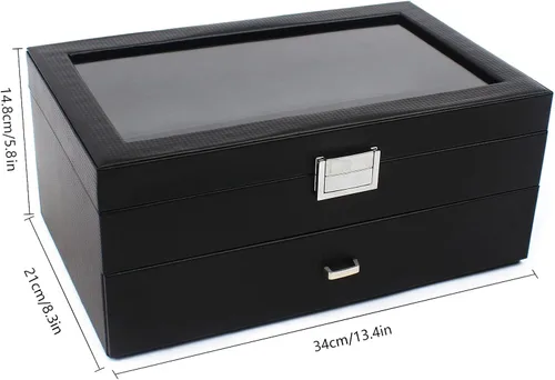 Miniatura 8 de Caja organizadora de reloj para hombres, 24 ranuras lujosa y masculina caja de exhibición texturizada de fibra de carbono - Parte superior de vidrio