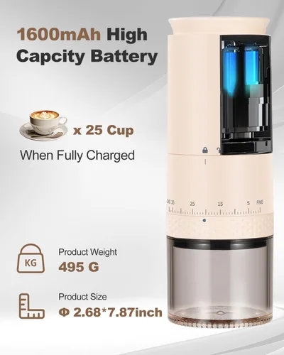 Miniatura 6 de Molinillo de café eléctrico portátil de acero inoxidable 420, molinillo de café expreso recargable con 38 ajustes de molienda ajustables Beige