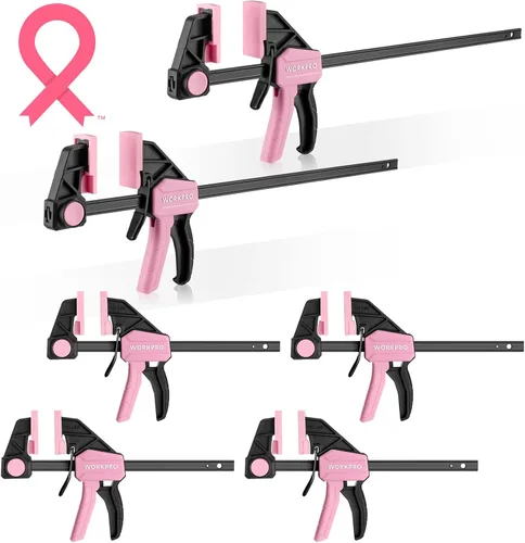 WORKPRO Abrazaderas de barra para carpintería, paquete de 6 abrazaderas/esparcidores con una sola mano, 4 piezas de 6 pulgadas y 2 piezas de 12 Rosa