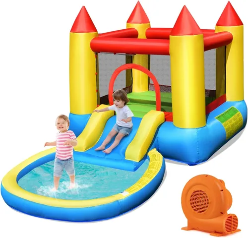 OLAKIDS Tobogán acuático inflable, casa de rebote 4 en 1 para niños con tobogán, piscina de salpicaduras, gran área de rebote de malla de poliéster,