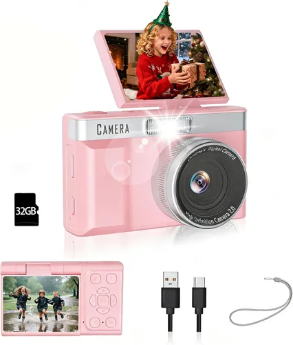 Cámara digital para niños con pantalla abatible de 180°, tarjeta de memoria de 32 GB, cámaras digitales de apuntar y disparar HD de 1080P, juegos
