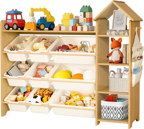 Miniatura 10 de Organizador de almacenamiento de juguetes para niños de 2 niveles, estantería Montessori de madera para niños, armario de almacenamiento de juguetes