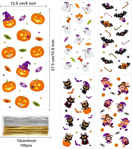 Miniatura 2 de Pajean Bolsas de celofán de Halloween a granel, bolsas de plástico para violonchelo con lazos giratorios, suministros de fiesta temática