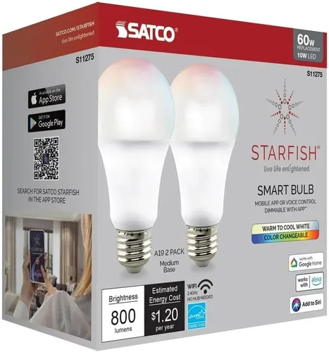 Miniatura 6 de Satco S11275 Starfish A19 Bombilla LED inteligente LED que cambia de color, funciona con Siri, Alexa, Google Assistant, SmartThings, 2700K-5000K