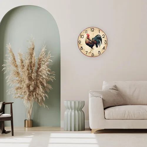 Miniatura 2 de XNM Relojes de pared de gallo marrón con batería de 14 pulgadas, relojes de cocina de granja de vidrio, relojes de pared analógicos de animales, sin