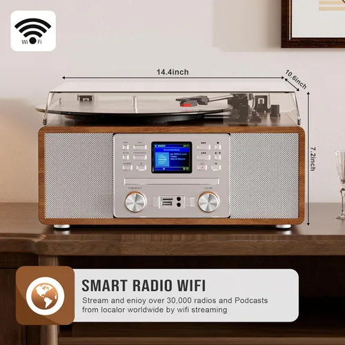 Miniatura 2 de 10 in 1 Record Player Multimedia with Speakers, CD Player, Bluetooth Receiver, Internet Radio, USB Recording, 3-Speed Turntable, Alarm Clock, Sleep