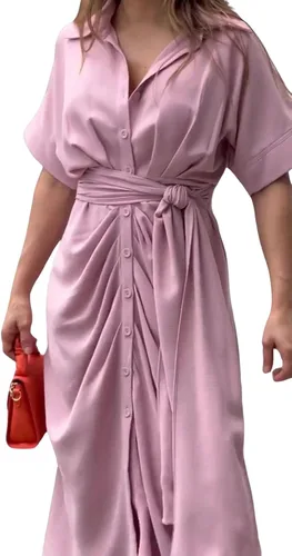 Miniatura 4 de CHARTOU Elegante vestido de blusa irregular de manga corta con botones y cinturón para mujer
