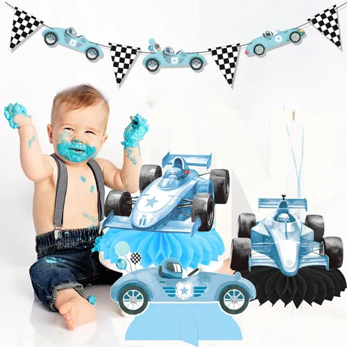 Miniatura 8 de Centros de mesa de cumpleaños de nido de abeja de coche de carreras, 12 piezas, decoración de fiesta de coche de carreras, decoración de mesa