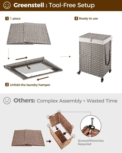 Miniatura 32 de GREENSTELL Cesta para ropa sucia con ruedas y tapa, 130 L, cesta grande de 3 secciones con 2 tipos de bolsas de forro extraíbles, 5 bolsas de malla