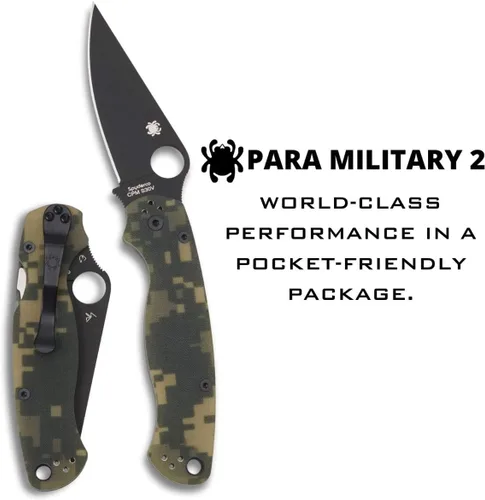 Miniatura 2 de Spyderco Para Military 2 Signature - Cuchillo de camuflaje con hoja de acero negro CPM S30V de 3.42 pulgadas y mango G-10 duradero, borde liso