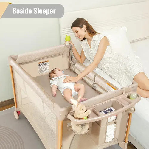 Miniatura 3 de Moisés para bebé 5 en 1, paquete y juego, cuna de bebé ajustable junto al dormir, configuración de un segundo y una mano, corralito portátil Beige