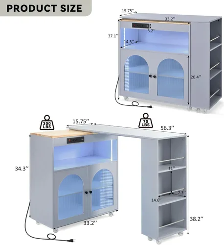 Miniatura 2 de K&K - Isla de cocina rodante con mesa extendida, luces LED, tomas de corriente, 2 puertas de vidrio, compartimento de almacenamiento, 3 estantes