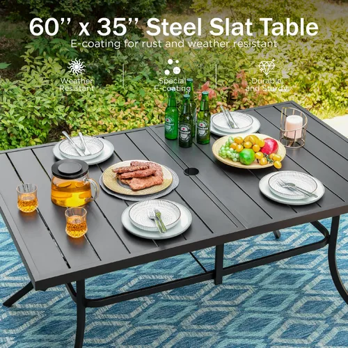 Miniatura 5 de PHI VILLA Mesa rectangular de comedor con listones de acero metálico para 6 personas con agujero ajustable para paraguas, resistente a la intemperie