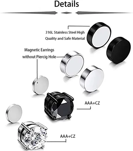 Miniatura 2 de HENGYID Juego de 4 pares de aretes magnéticos de acero inoxidable para hombres y mujeres, con imán de circonita cúbica sin perforaciones, 0.236in