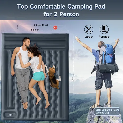 Miniatura 2 de FNARMW Almohadilla de Dormir Doble para Acampar, Autoinflable de 6 pulgadas Extra-Gruesa para 2 Personas con Almohada Incorporada, Bomba de Pie