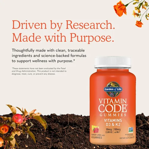 Miniatura 6 de Gomitas Garden of Life Vitamin Code D3 y K2 con prebióticos y probióticos, salud ósea, salud inmunológica y apoyo digestivo, cero azúcar, sin OMG