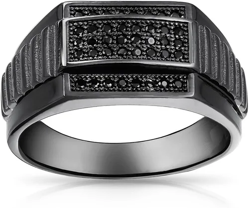 Miniatura 2 de Personalize - Anillo de compromiso con circonita cúbica de micro pavé para hombre, diseño cuadrado de dos tonos, blanco y negro, para hombre, plata