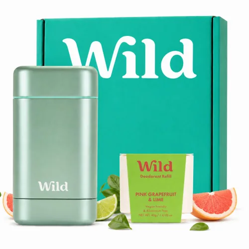 Wild - Kit de inicio recargable de desodorante con estuche de agua y recarga perfumada de pomelo rosa y lima 1.4oz - Sin aluminio - Protección de
