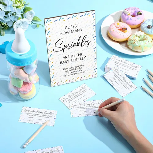 Miniatura 5 de Qilery 122 piezas de juegos de baby shower Adivina cuántos gránulos incluidos, letrero de pie, 100 tarjetas de adivinanza, 20 lápices, 1 biberón