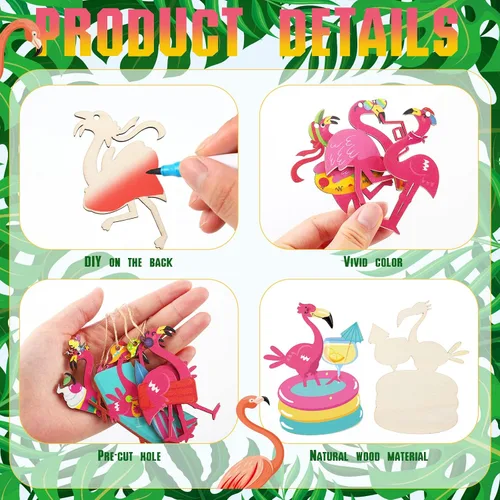 Miniatura 5 de 36 piezas de adornos de flamenco, hojas de palma tropical, flores, adorno de madera colgante para árbol, para fiestas de verano, hawaianas