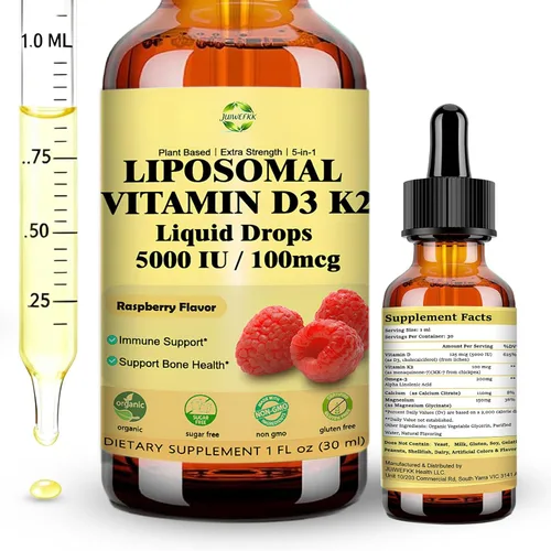 Gotas líquidas de vitamina D3 K2 con calcio y magnesio omega3, alta potencia 5 en 1 D3 K2 vitamina 5000 UI Suplemento para la salud ósea, dientes